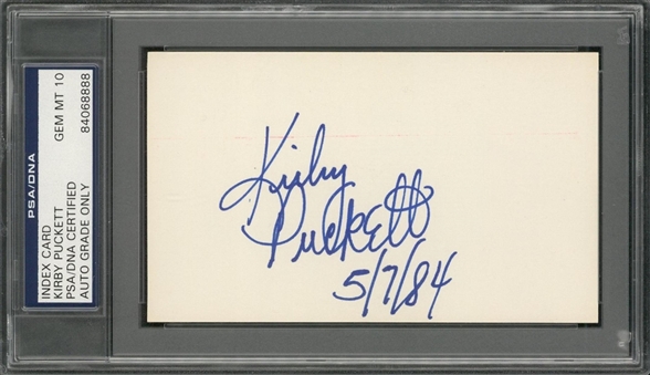 Kirby Puckett Signed & "5/7/84" Inscribed Index Card (PSA/DNA GEM MT 10)